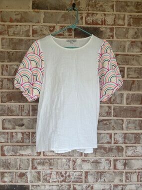 See And Be Seen White Colorful Rainbow Puff Sleeved Blouse